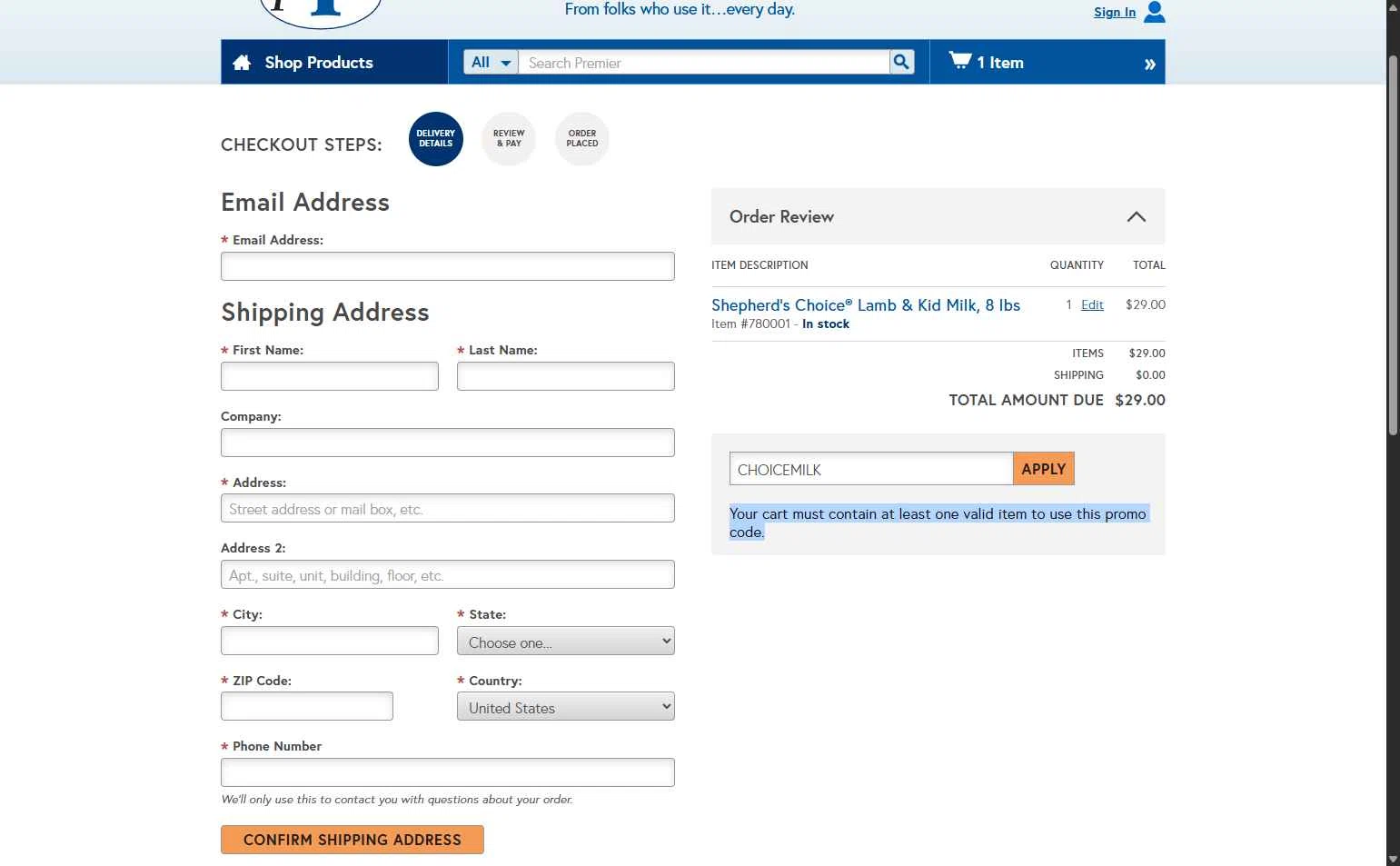 Premier 1 Supplies checkout page showing Premier 1 Supplies promo code box | Screenshot taken by SimplyCodes community member on Dec 9, 2025