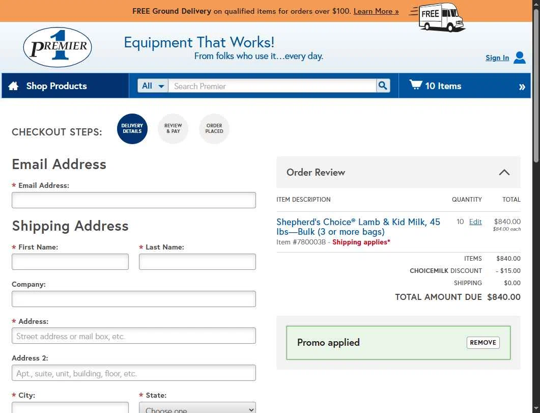 Premier 1 Supplies checkout page showing Premier 1 Supplies promo code box | Screenshot taken by SimplyCodes community member on Oct 28, 2025