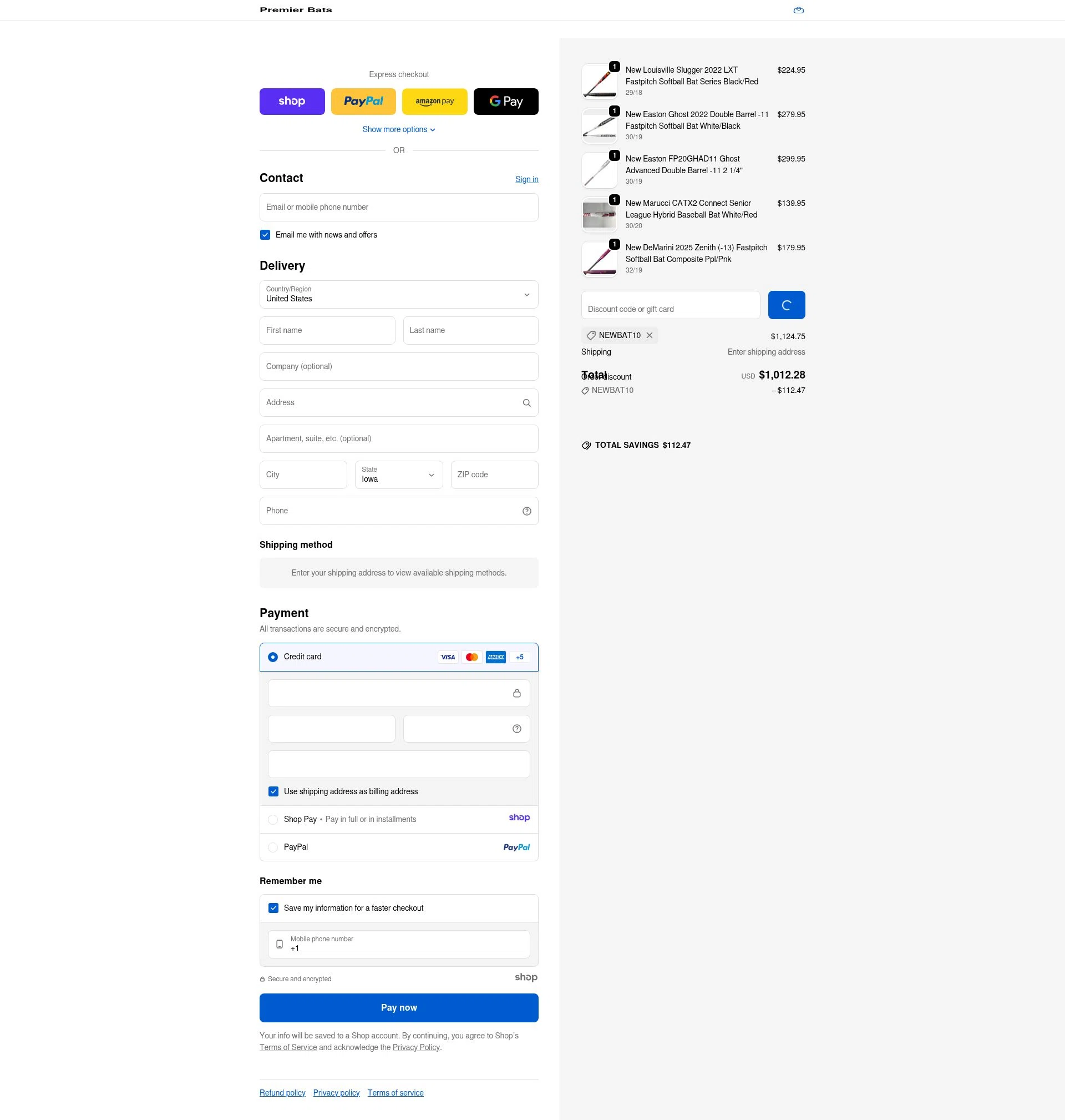 Premier Bats checkout page showing Premier Bats coupon code box | Screenshot taken by SimplyCodes community member on Dec 20, 2025