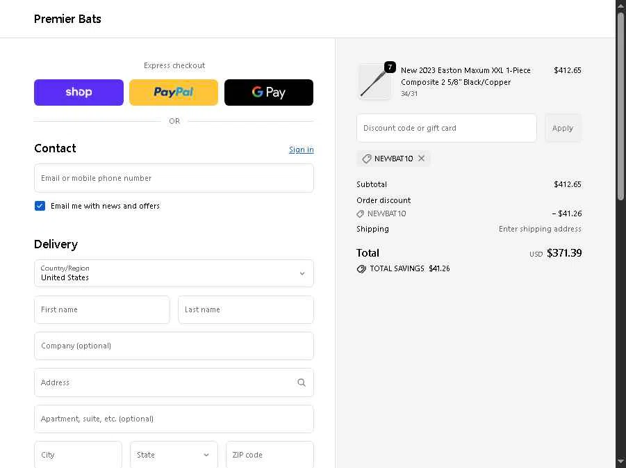 Premier Bats checkout page showing Premier Bats coupon code box | Screenshot taken by SimplyCodes community member on Dec 13, 2025