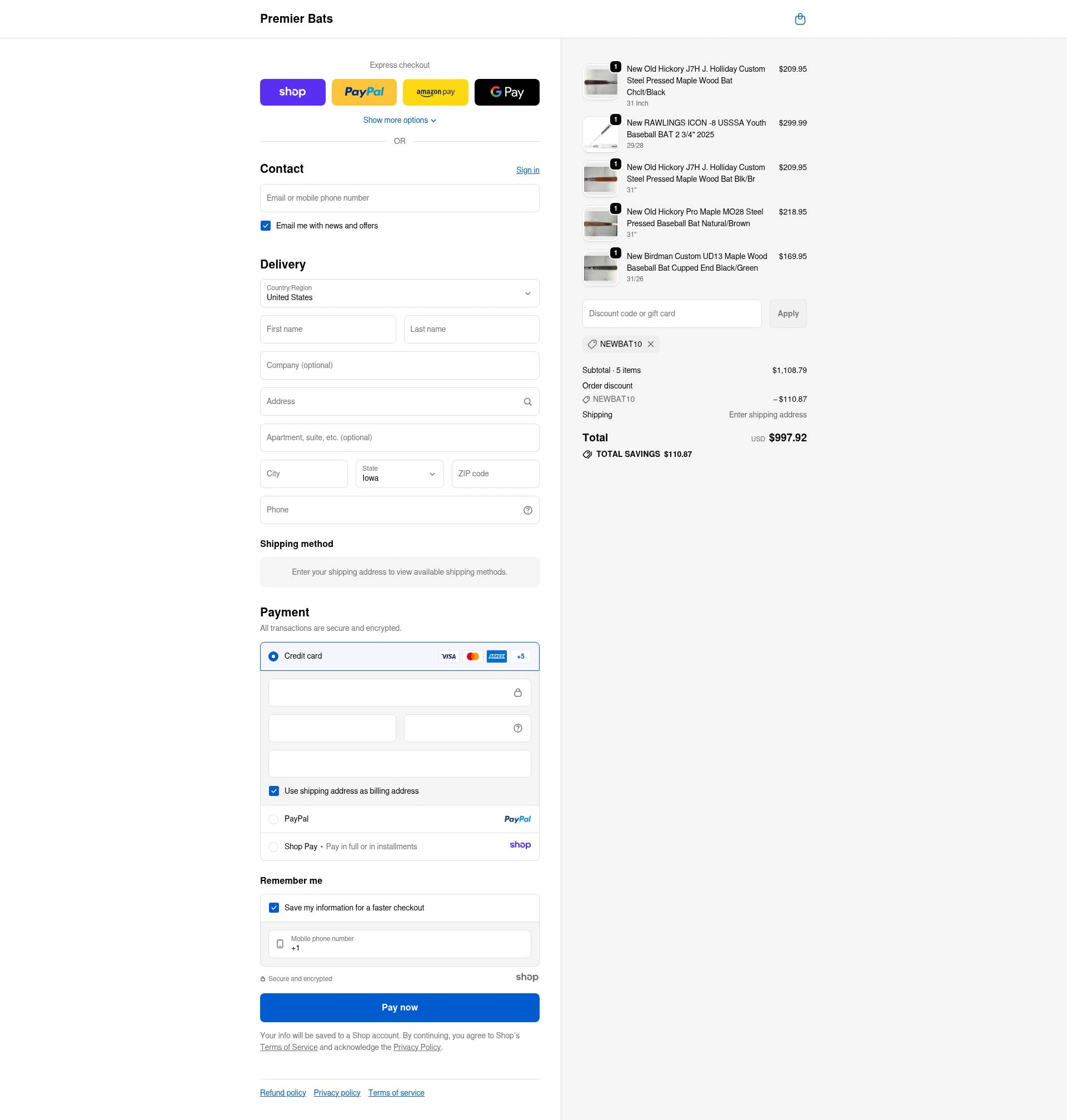 Premier Bats checkout page showing Premier Bats coupon code box | Screenshot taken by SimplyCodes community member on Dec 13, 2025