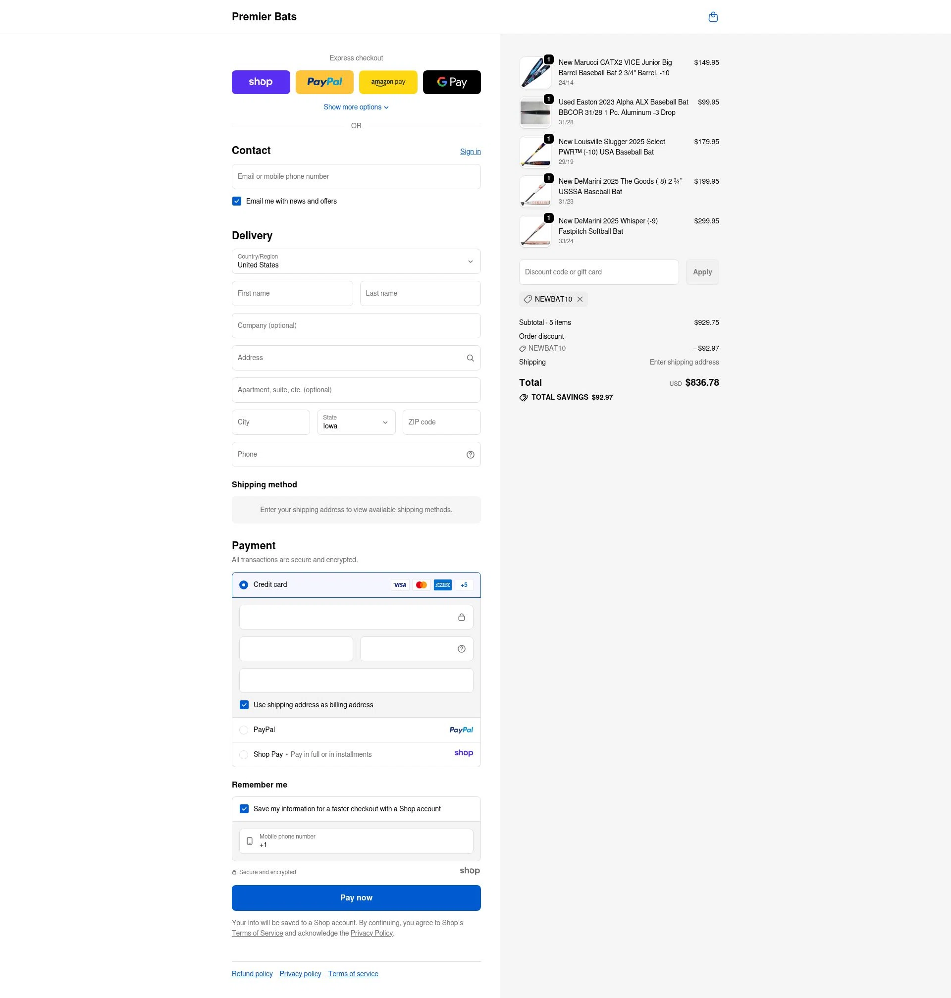Premier Bats checkout page showing Premier Bats coupon code box | Screenshot taken by SimplyCodes community member on Nov 11, 2025