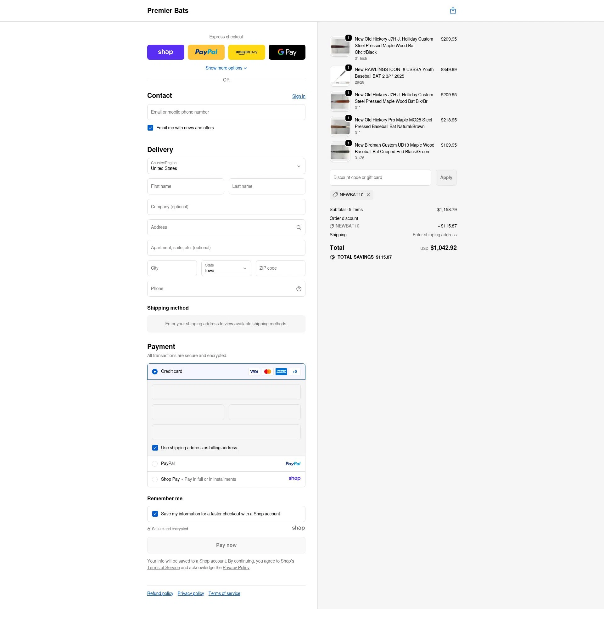 Premier Bats checkout page showing Premier Bats coupon code box | Screenshot taken by SimplyCodes community member on Nov 27, 2025