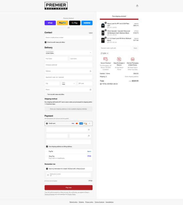 Premier Body Armor checkout page showing Premier Body Armor discount code box | Screenshot taken by SimplyCodes community member on Aug 30, 2025