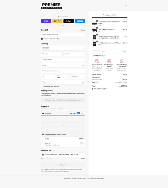 Premier Body Armor checkout page showing Premier Body Armor discount code box | Screenshot taken by SimplyCodes community member on Sep 12, 2025