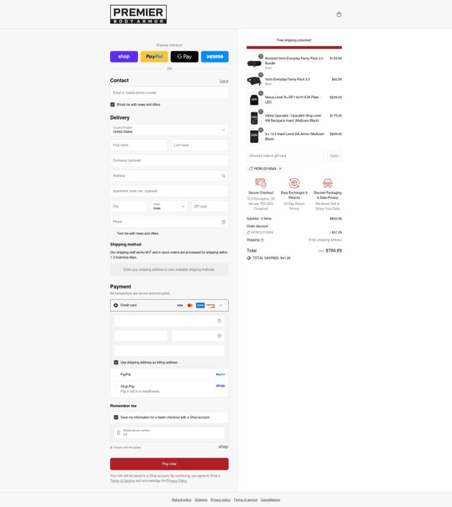 Premier Body Armor checkout page showing Premier Body Armor discount code box | Screenshot taken by SimplyCodes community member on Sep 4, 2025