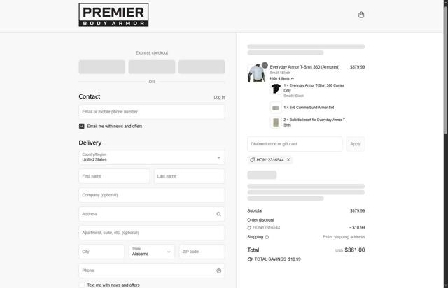 Premier Body Armor checkout page showing Premier Body Armor discount code box | Screenshot taken by SimplyCodes community member on Sep 4, 2025