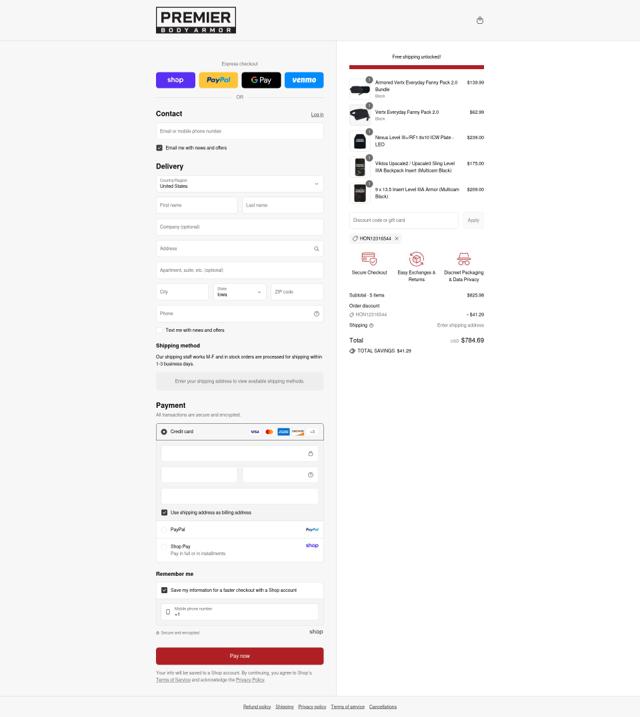 Premier Body Armor checkout page showing Premier Body Armor discount code box | Screenshot taken by SimplyCodes community member on Sep 8, 2025