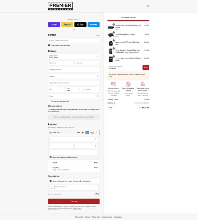 Premier Body Armor checkout page showing Premier Body Armor discount code box | Screenshot taken by SimplyCodes community member on Sep 4, 2025