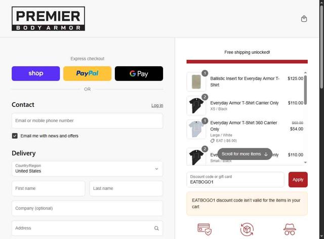 Premier Body Armor checkout page showing Premier Body Armor discount code box | Screenshot taken by SimplyCodes community member on Aug 31, 2025