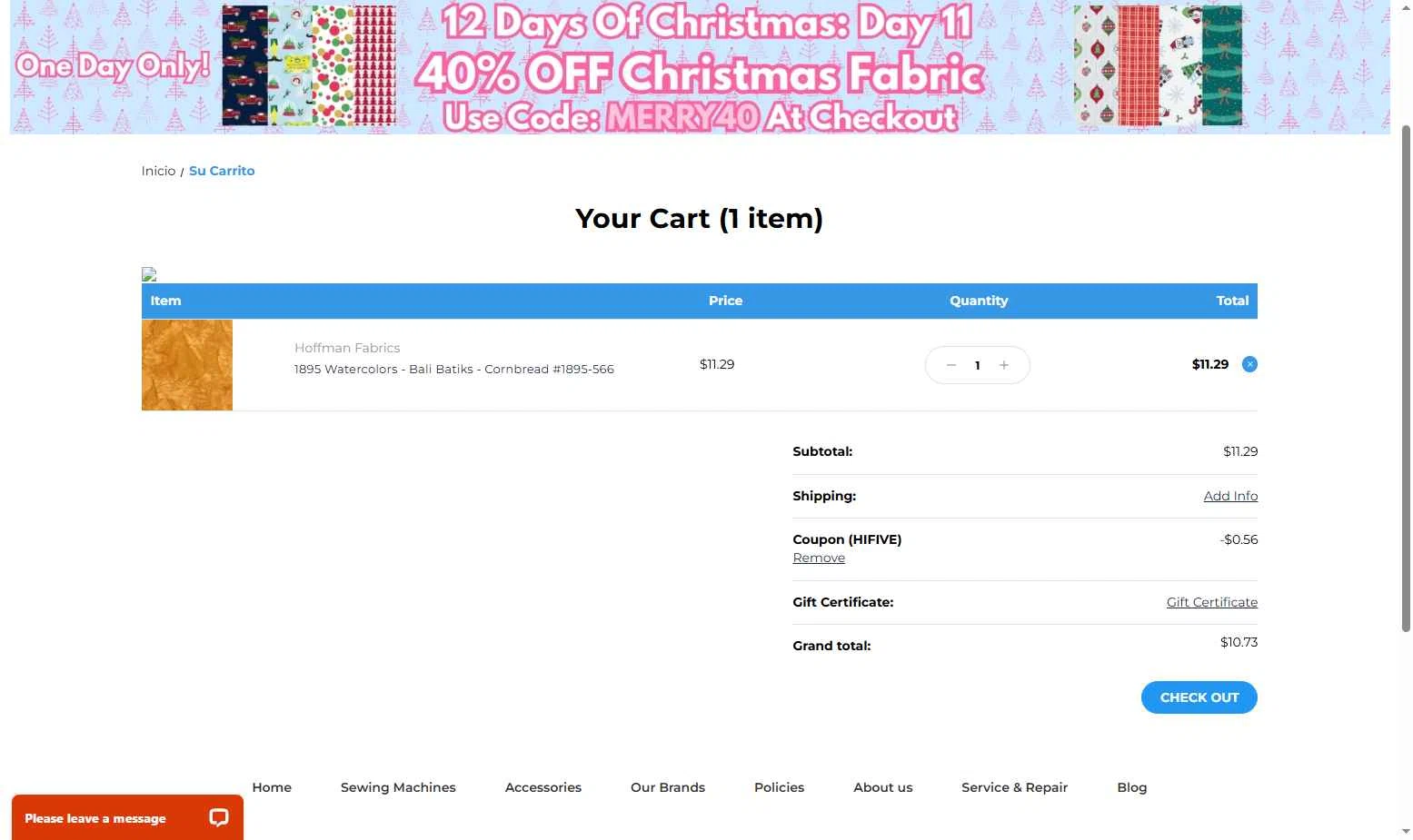 Premier Stitching checkout page showing Premier Stitching coupon code box | Screenshot taken by SimplyCodes community member on Dec 16, 2025
