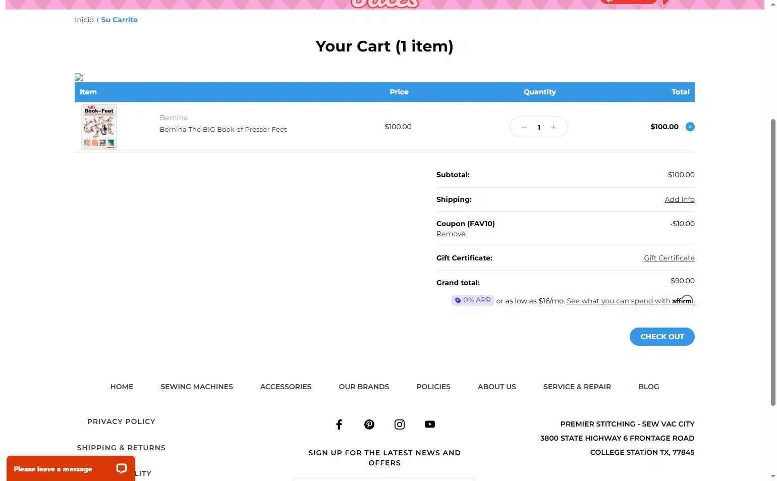 Premier Stitching checkout page showing Premier Stitching coupon code box | Screenshot taken by SimplyCodes community member on Feb 6, 2026