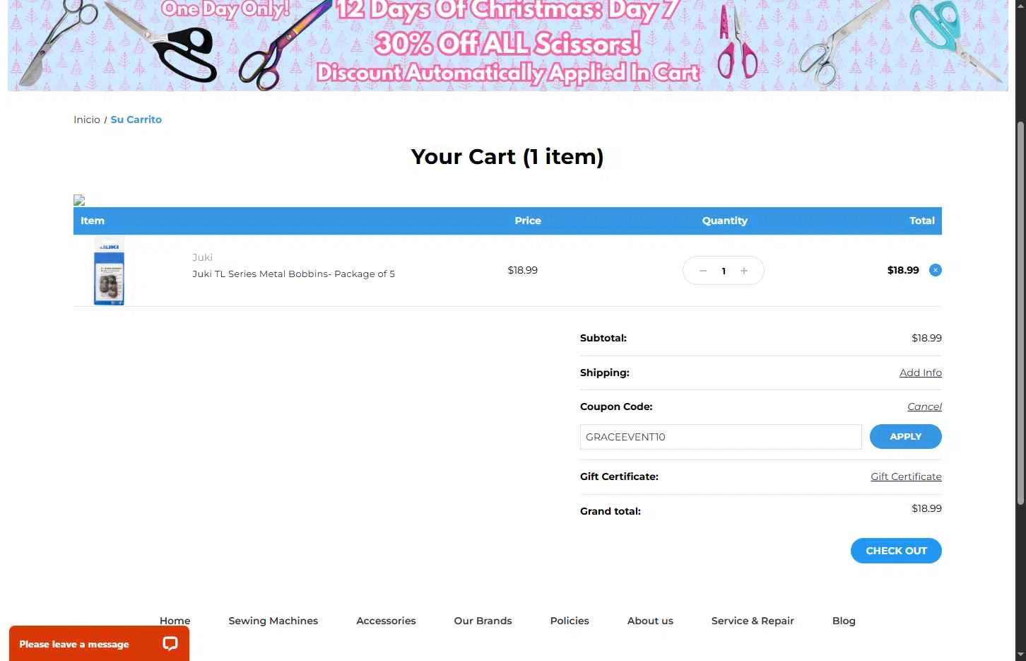 Premier Stitching checkout page showing Premier Stitching coupon code box | Screenshot taken by SimplyCodes community member on Dec 12, 2025