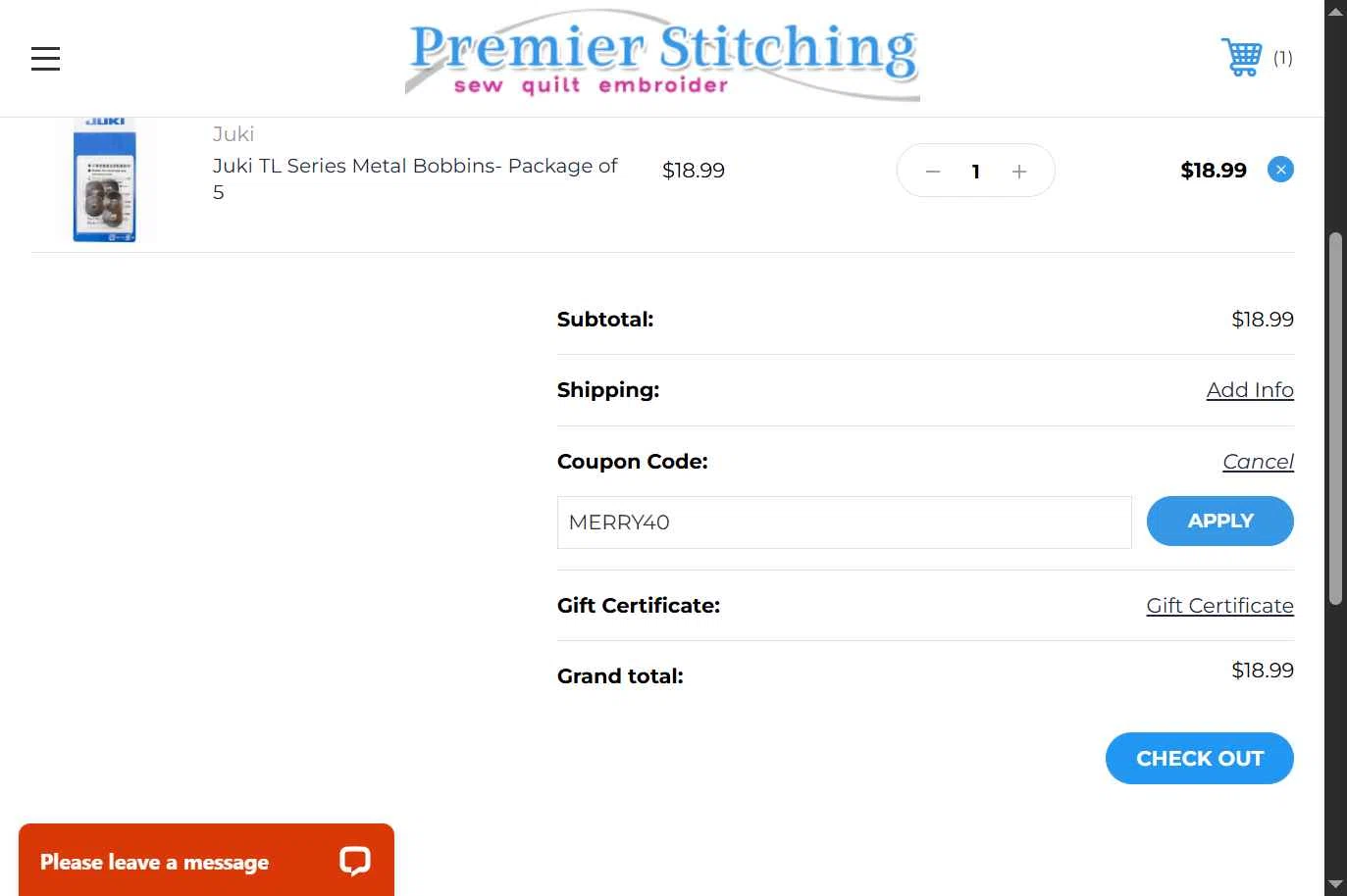 Premier Stitching checkout page showing Premier Stitching coupon code box | Screenshot taken by SimplyCodes community member on Dec 15, 2025