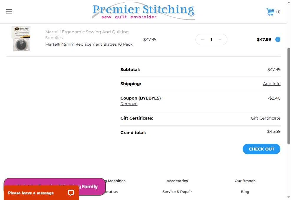 Premier Stitching checkout page showing Premier Stitching coupon code box | Screenshot taken by SimplyCodes community member on Jan 25, 2026