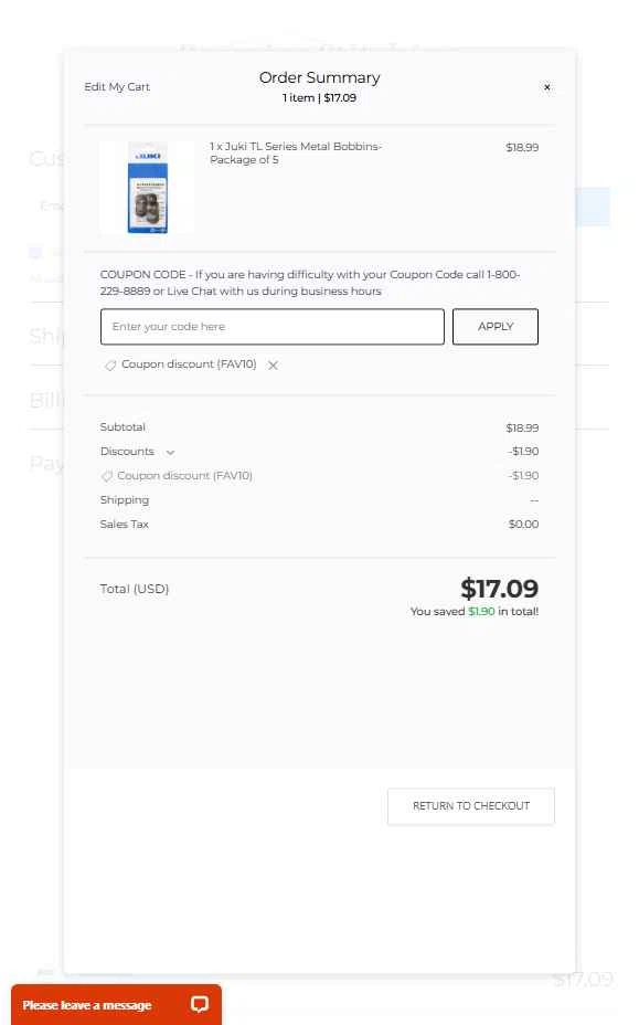 Premier Stitching checkout page showing Premier Stitching coupon code box | Screenshot taken by SimplyCodes community member on Jan 31, 2026