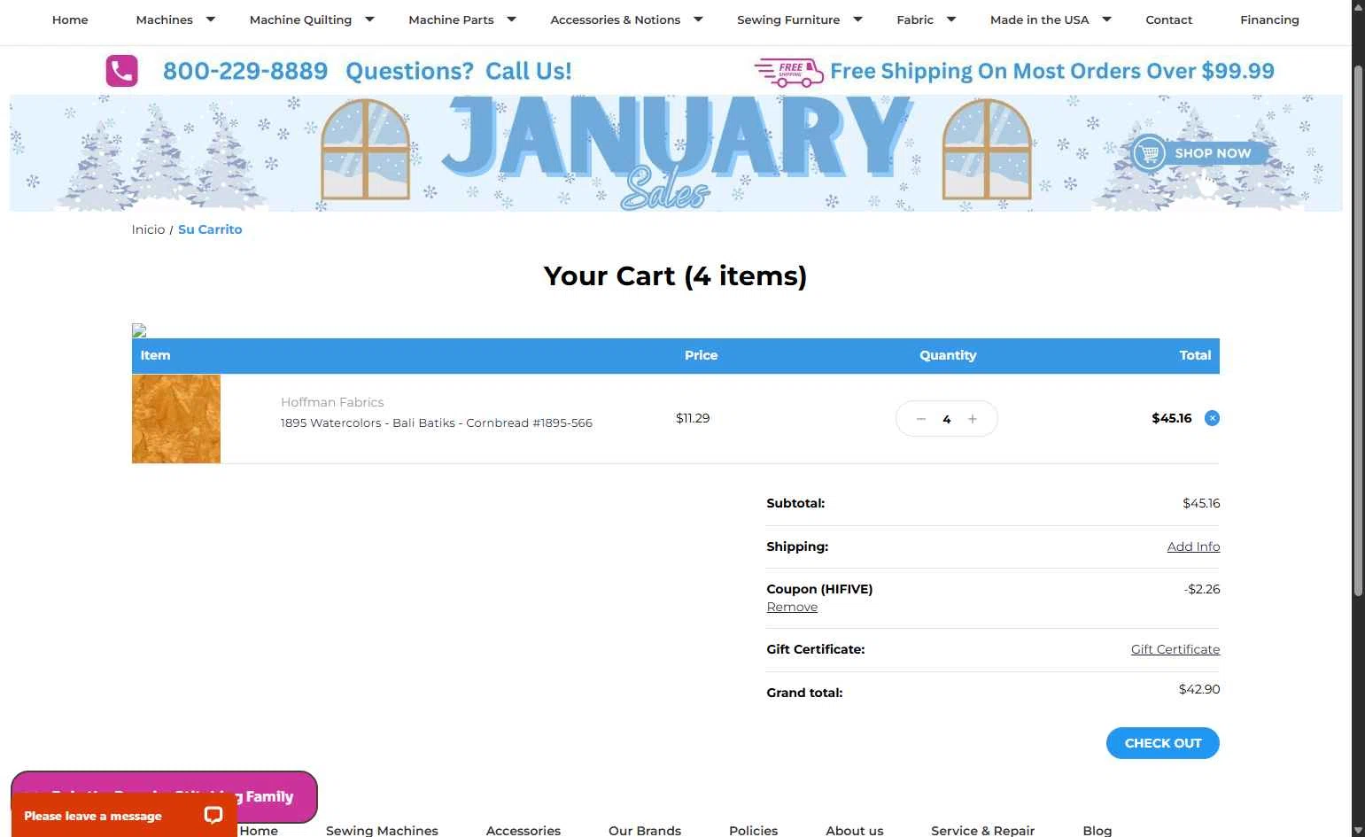Premier Stitching checkout page showing Premier Stitching coupon code box | Screenshot taken by SimplyCodes community member on Jan 14, 2026