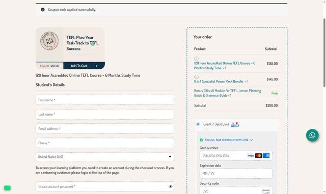 Premier TEFL checkout page showing Premier TEFL promo code box | Screenshot taken by SimplyCodes community member on Aug 27, 2025