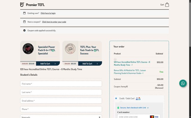 Premier TEFL checkout page showing Premier TEFL promo code box | Screenshot taken by SimplyCodes community member on Aug 28, 2025