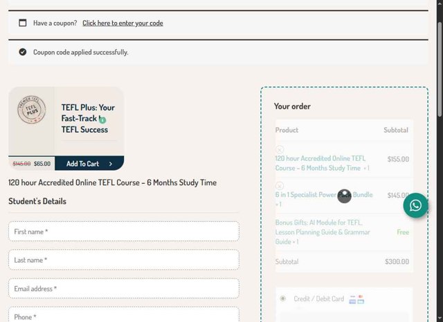 Premier TEFL checkout page showing Premier TEFL promo code box | Screenshot taken by SimplyCodes community member on Aug 6, 2025
