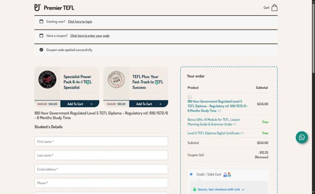 Premier TEFL checkout page showing Premier TEFL promo code box | Screenshot taken by SimplyCodes community member on Sep 4, 2025
