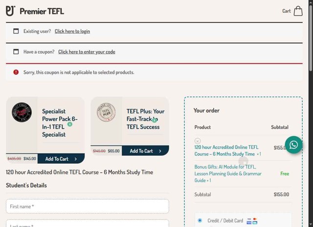 Premier TEFL checkout page showing Premier TEFL promo code box | Screenshot taken by SimplyCodes community member on Aug 15, 2025