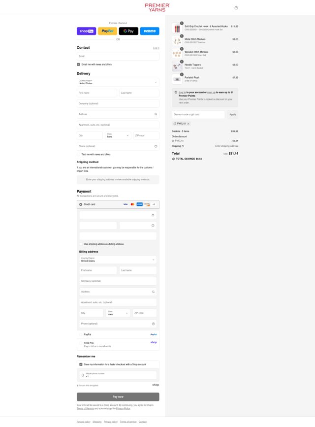 Premier Yarns checkout page showing Premier Yarns discount code box | Screenshot taken by SimplyCodes community member on Aug 25, 2025