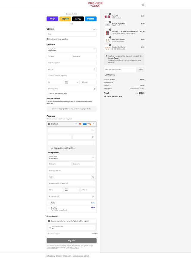 Premier Yarns checkout page showing Premier Yarns discount code box | Screenshot taken by SimplyCodes community member on Aug 28, 2025