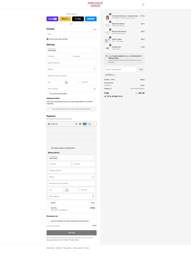 Premier Yarns checkout page showing Premier Yarns discount code box | Screenshot taken by SimplyCodes community member on Aug 14, 2025