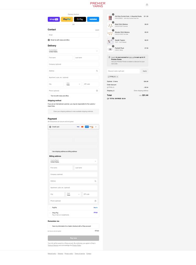 Premier Yarns checkout page showing Premier Yarns discount code box | Screenshot taken by SimplyCodes community member on Aug 15, 2025