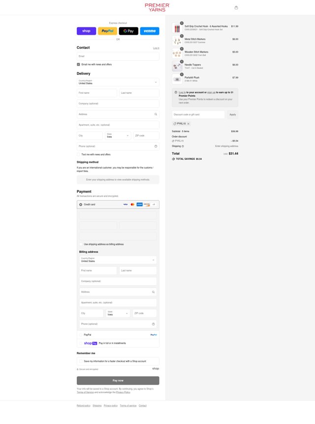 Premier Yarns checkout page showing Premier Yarns discount code box | Screenshot taken by SimplyCodes community member on Aug 14, 2025