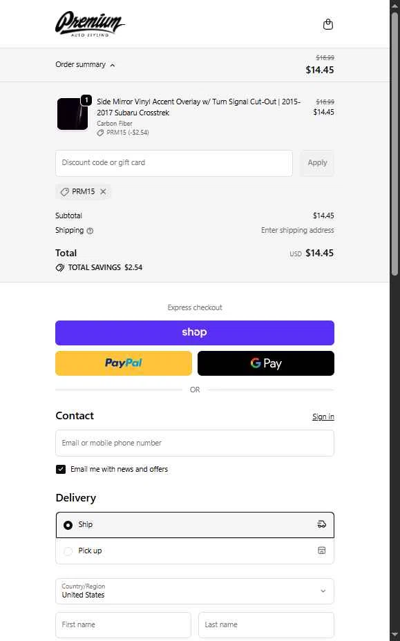 Premium Auto Styling checkout page showing Premium Auto Styling promo code box | Screenshot taken by SimplyCodes community member on Jan 28, 2026