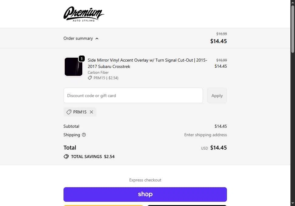 Premium Auto Styling checkout page showing Premium Auto Styling promo code box | Screenshot taken by SimplyCodes community member on Jan 15, 2026