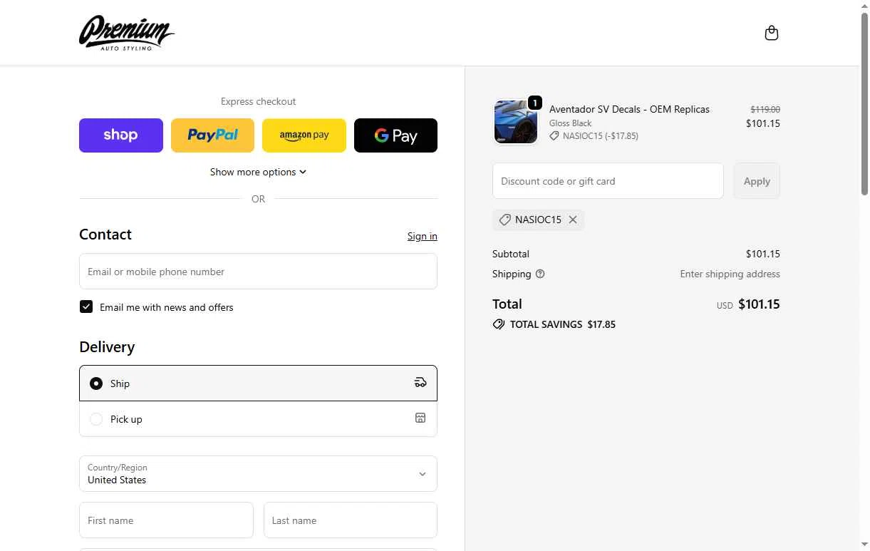 Premium Auto Styling checkout page showing Premium Auto Styling promo code box | Screenshot taken by SimplyCodes community member on Feb 13, 2026
