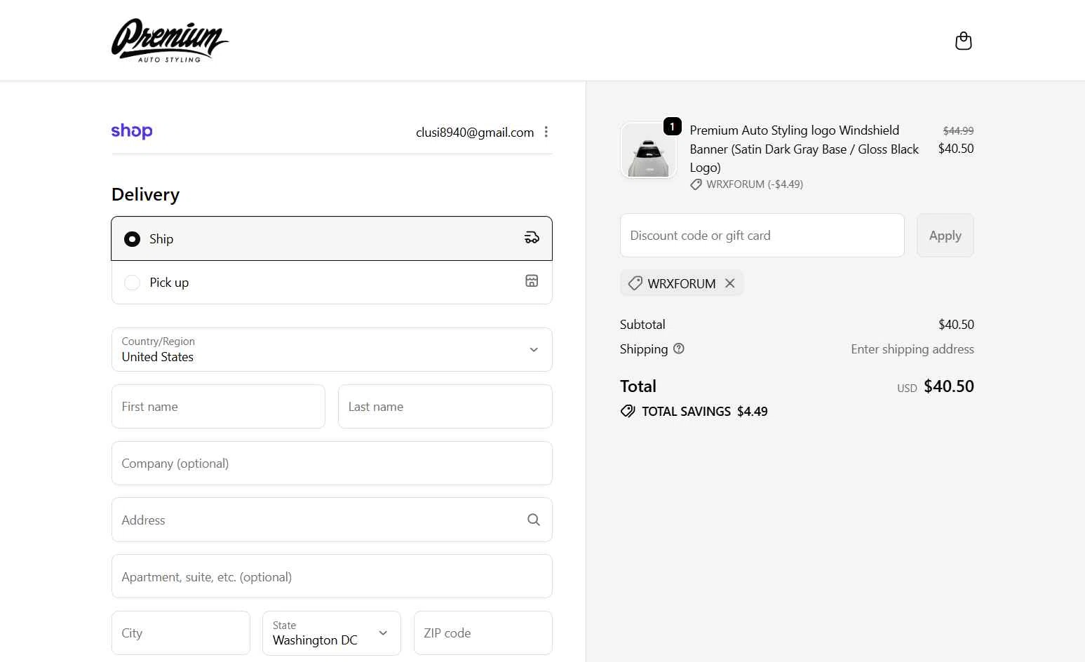 Premium Auto Styling checkout page showing Premium Auto Styling promo code box | Screenshot taken by SimplyCodes community member on Jan 15, 2026