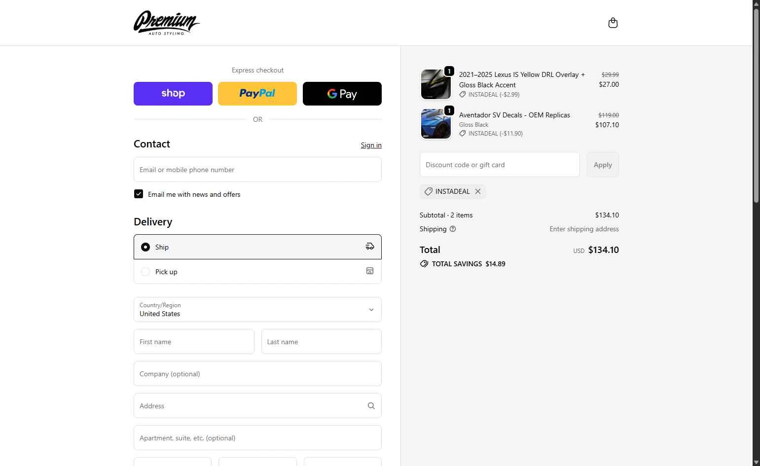Premium Auto Styling checkout page showing Premium Auto Styling promo code box | Screenshot taken by SimplyCodes community member on Feb 13, 2026