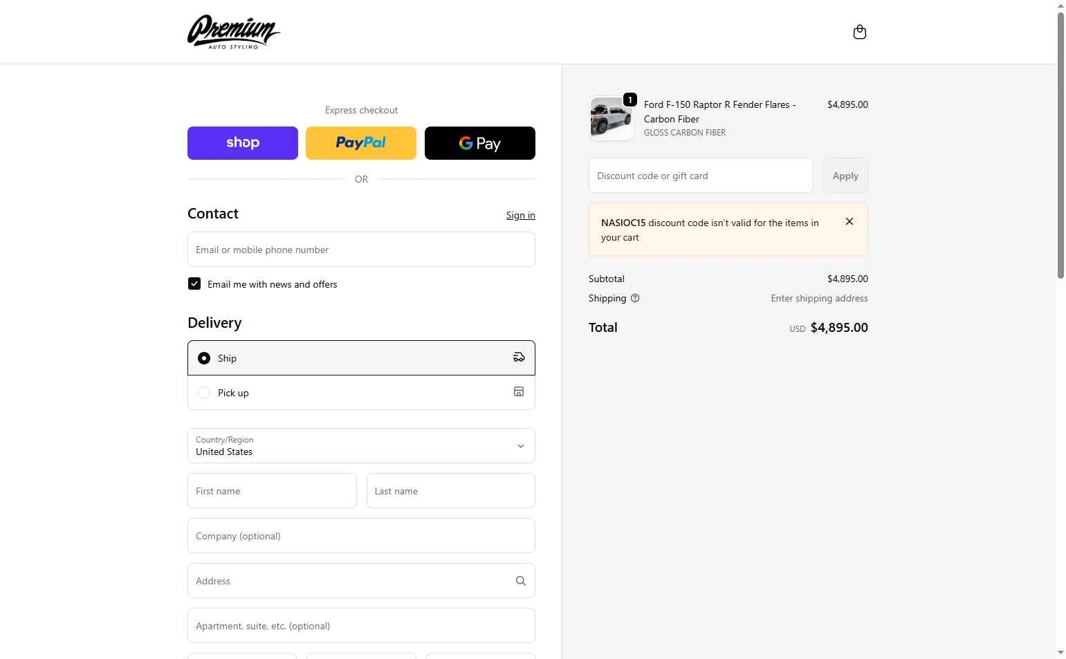 Premium Auto Styling checkout page showing Premium Auto Styling promo code box | Screenshot taken by SimplyCodes community member on Jan 15, 2026