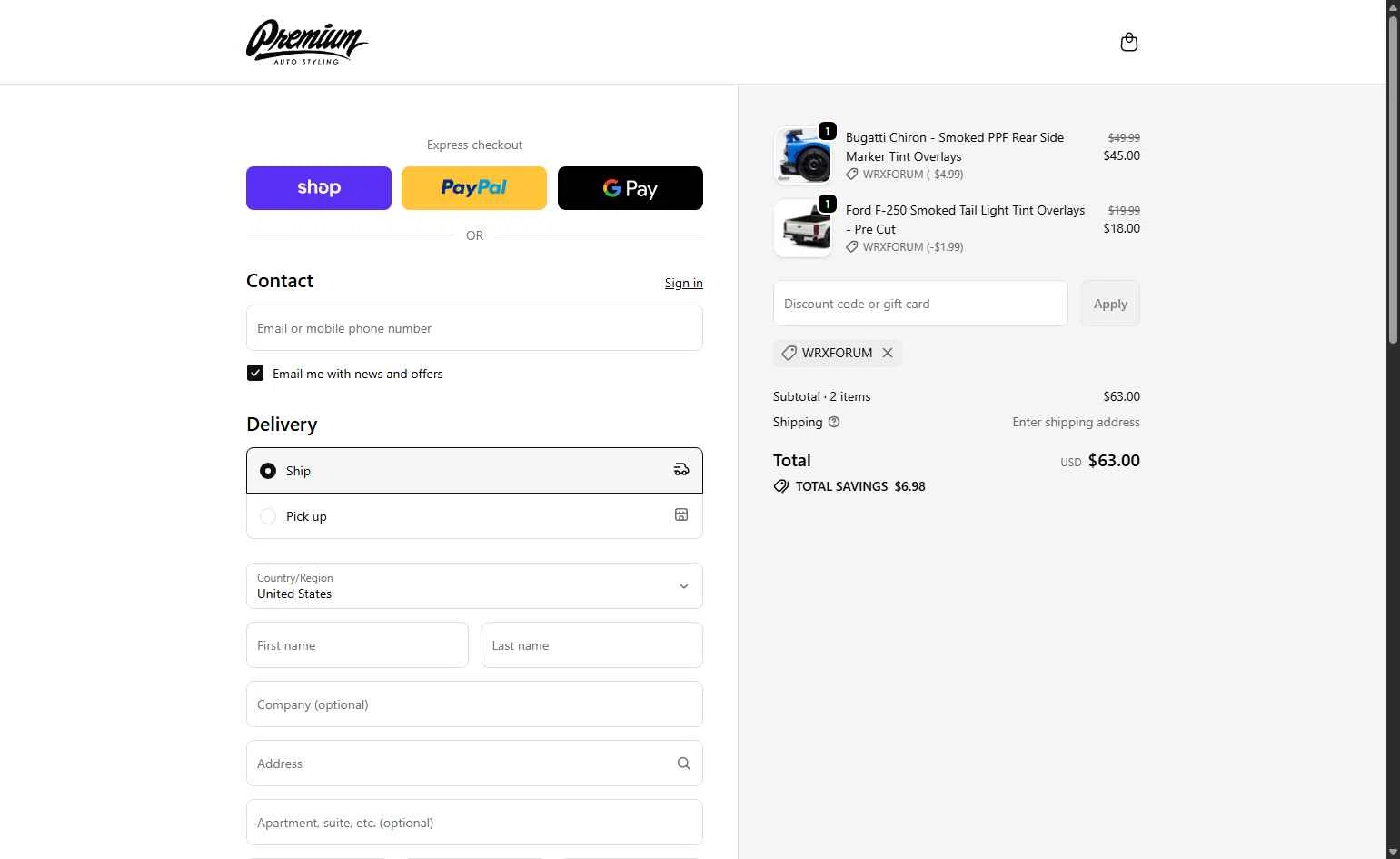 Premium Auto Styling checkout page showing Premium Auto Styling promo code box | Screenshot taken by SimplyCodes community member on Jan 15, 2026