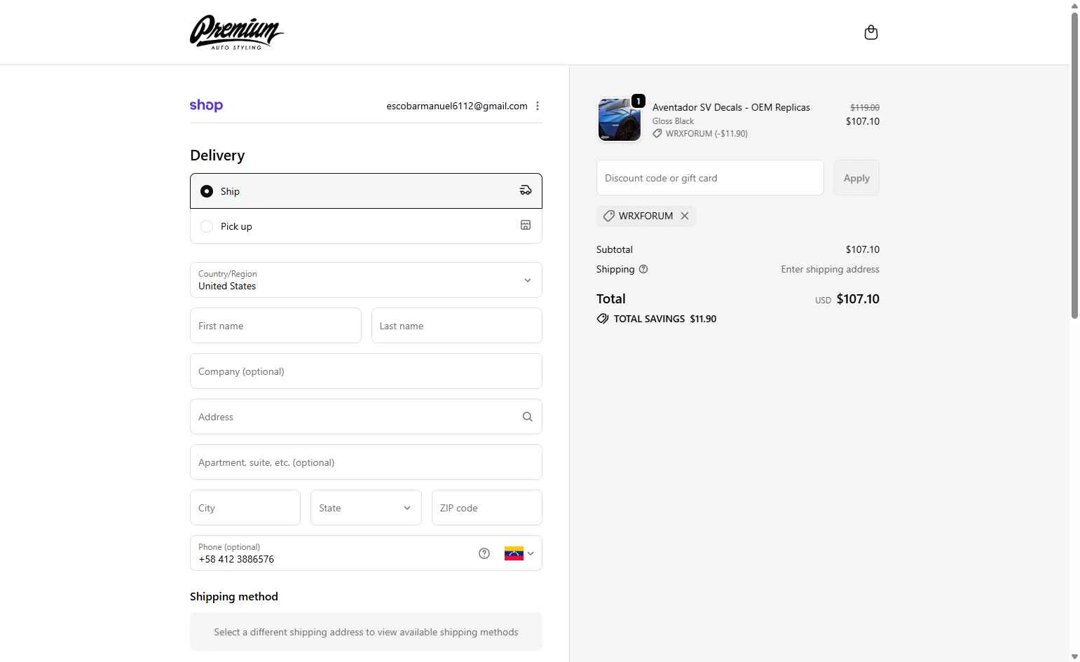 Premium Auto Styling checkout page showing Premium Auto Styling promo code box | Screenshot taken by SimplyCodes community member on Feb 13, 2026