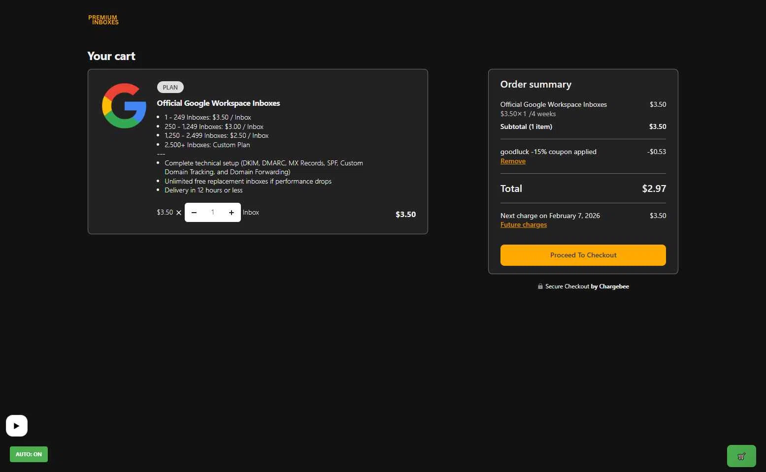 Premium Inboxes checkout page showing Premium Inboxes promo code box | Screenshot taken by SimplyCodes community member on Jan 10, 2026