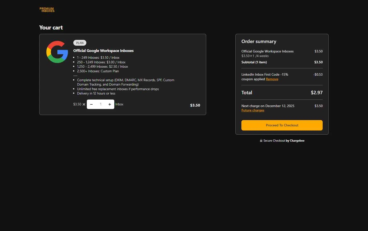 Premium Inboxes checkout page showing Premium Inboxes promo code box | Screenshot taken by SimplyCodes community member on Nov 14, 2025