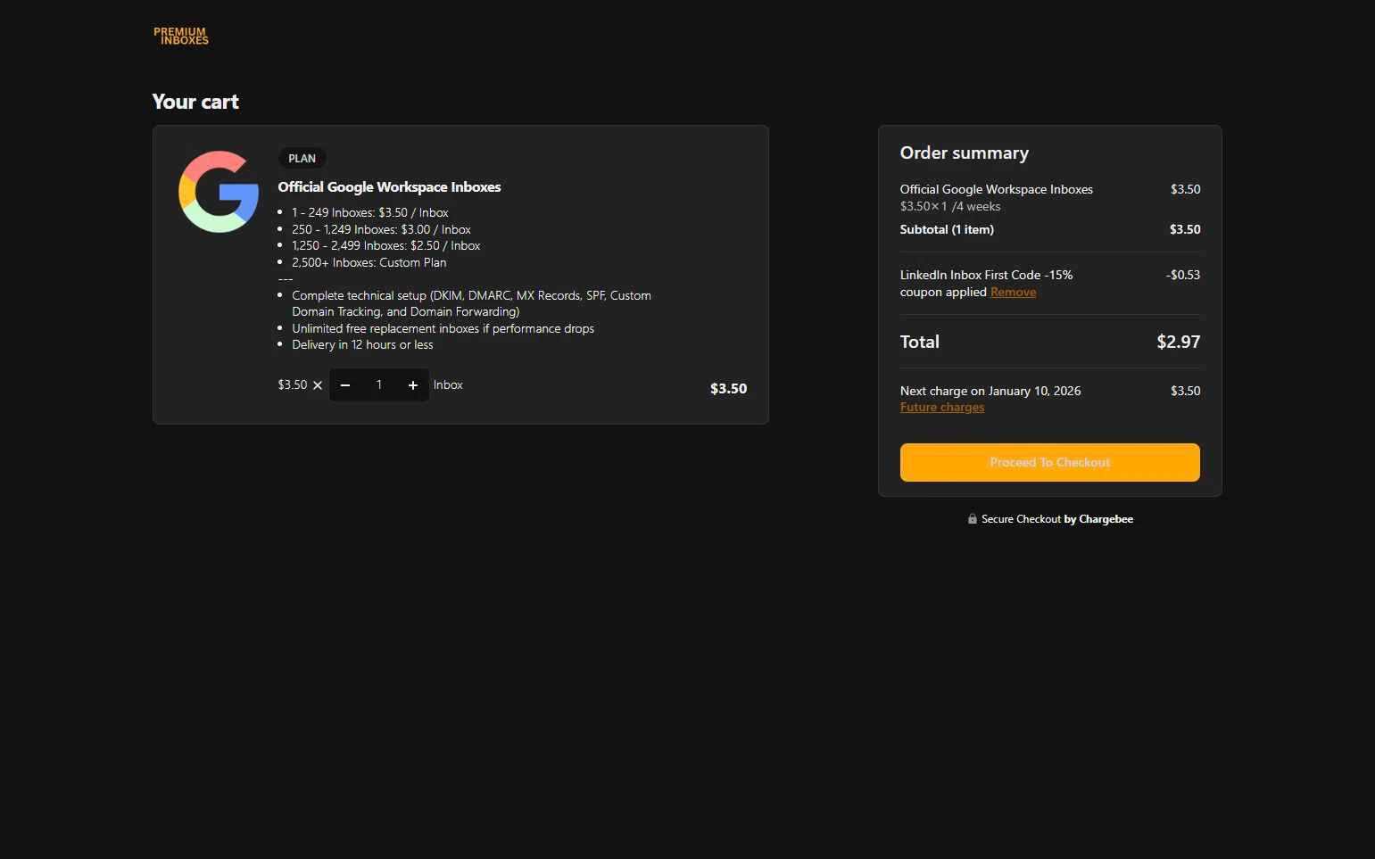 Premium Inboxes checkout page showing Premium Inboxes promo code box | Screenshot taken by SimplyCodes community member on Dec 13, 2025