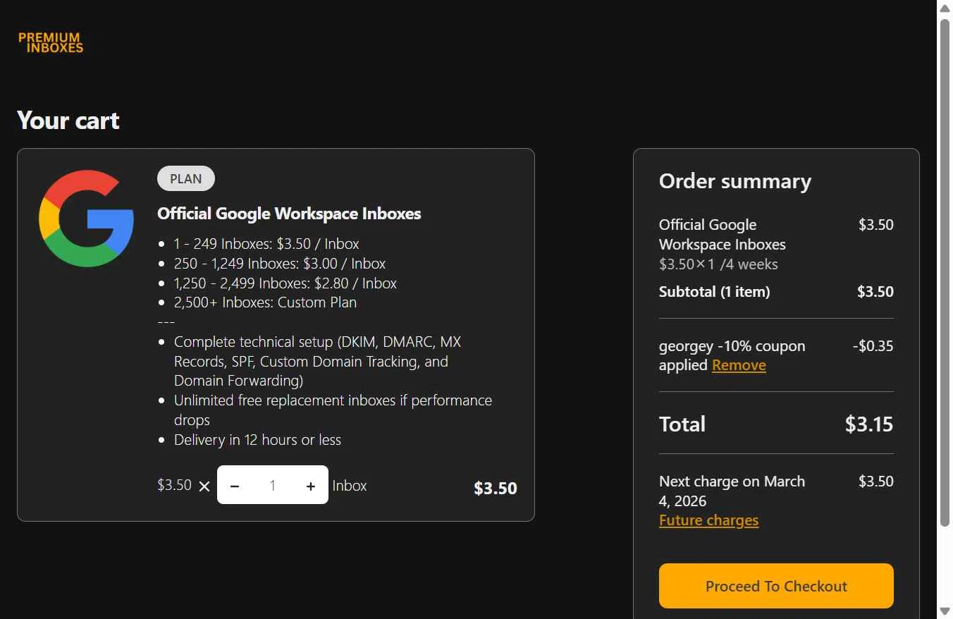 Premium Inboxes checkout page showing Premium Inboxes promo code box | Screenshot taken by SimplyCodes community member on Feb 4, 2026