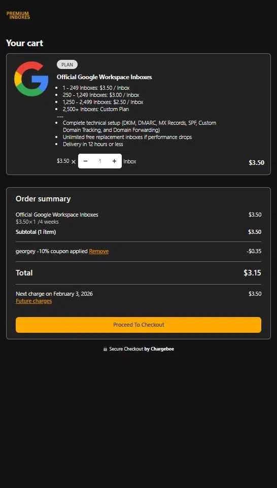 Premium Inboxes checkout page showing Premium Inboxes promo code box | Screenshot taken by SimplyCodes community member on Jan 6, 2026
