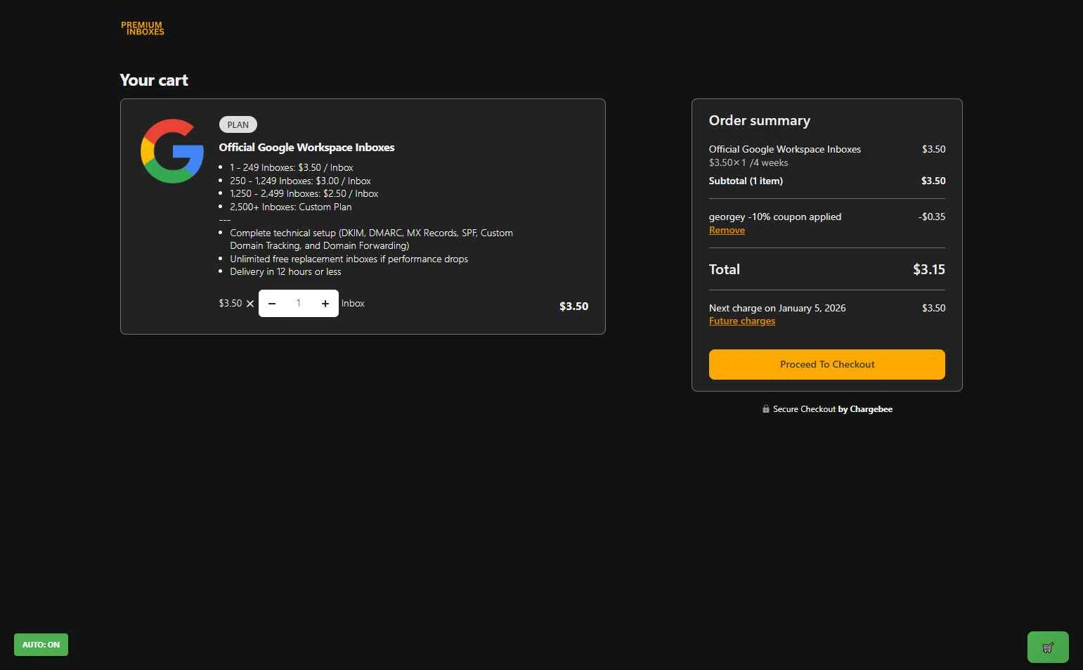 Premium Inboxes checkout page showing Premium Inboxes promo code box | Screenshot taken by SimplyCodes community member on Dec 8, 2025