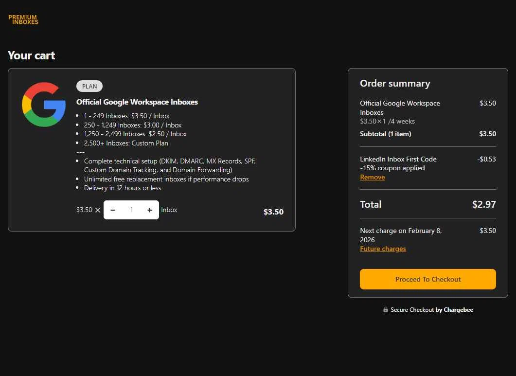Premium Inboxes checkout page showing Premium Inboxes promo code box | Screenshot taken by SimplyCodes community member on Jan 11, 2026
