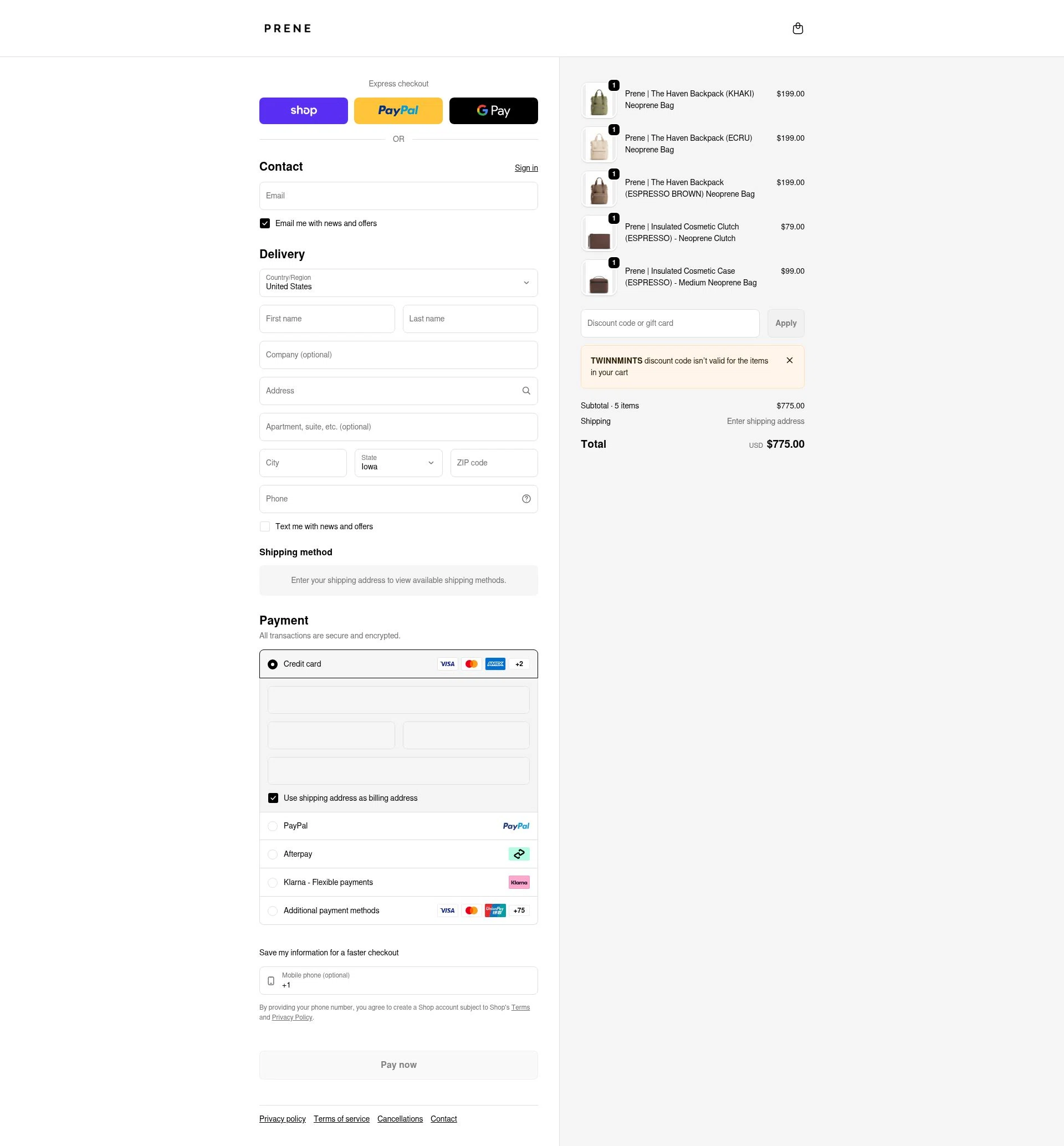 Prene Bags checkout page showing Prene Bags promo code box | Screenshot taken by SimplyCodes community member on Feb 8, 2026