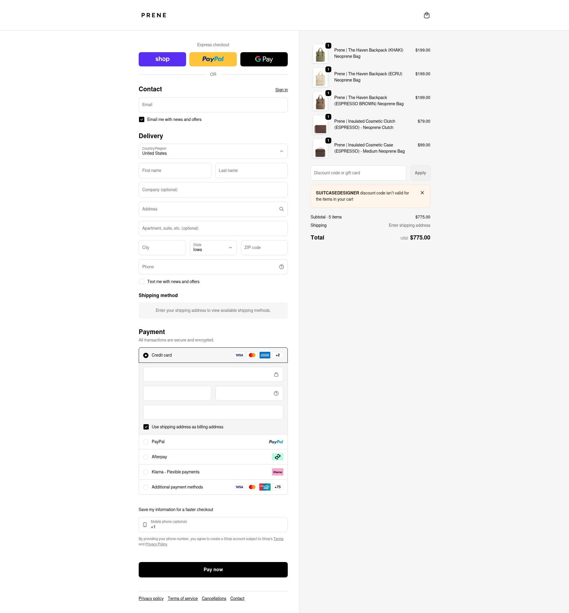 Prene Bags checkout page showing Prene Bags promo code box | Screenshot taken by SimplyCodes community member on Feb 8, 2026