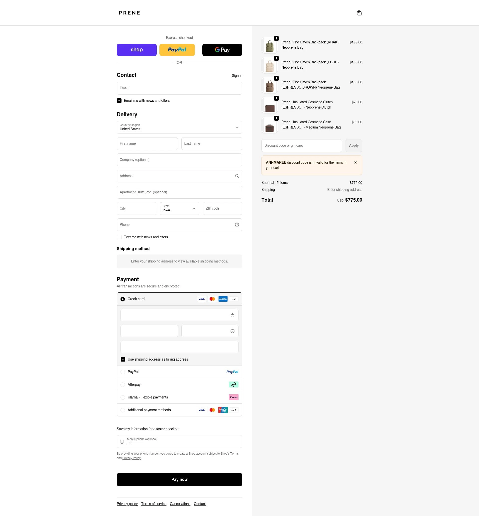 Prene Bags checkout page showing Prene Bags promo code box | Screenshot taken by SimplyCodes community member on Feb 8, 2026