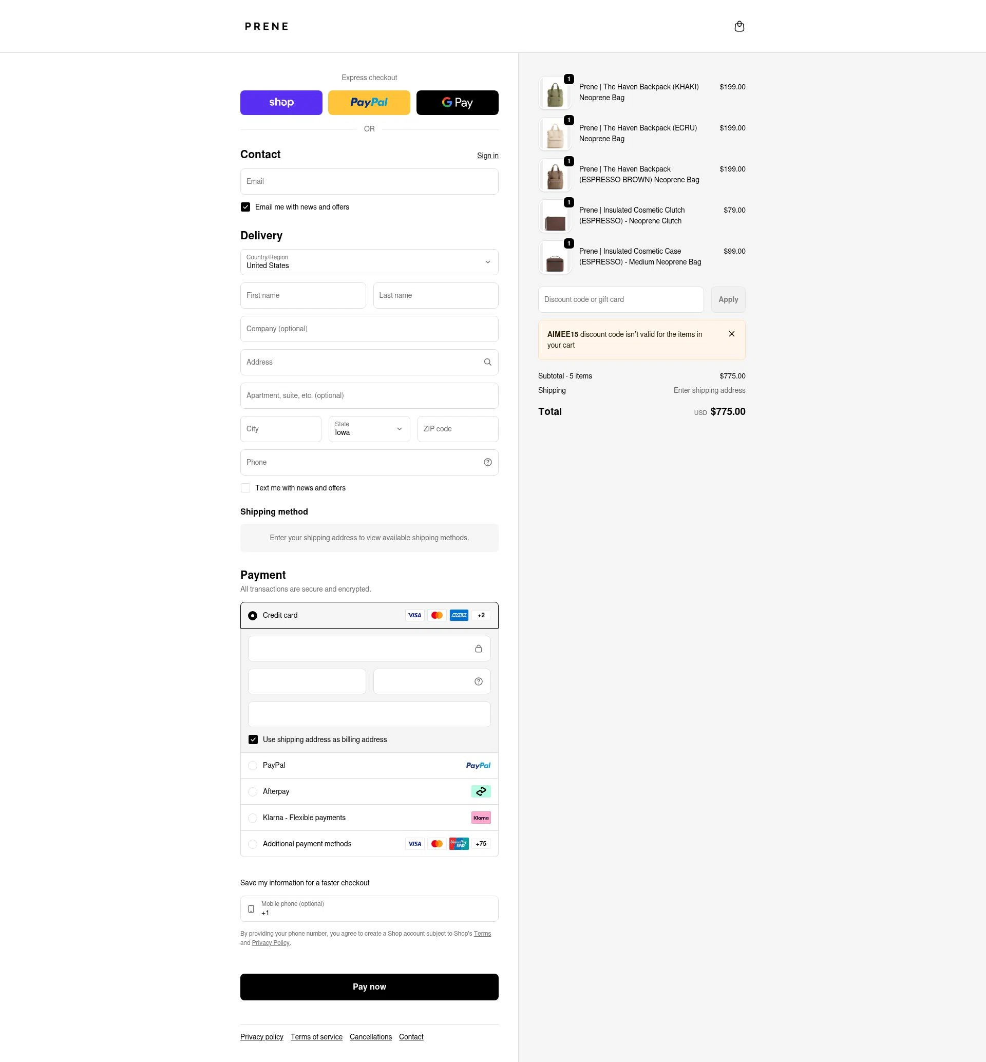 Prene Bags checkout page showing Prene Bags promo code box | Screenshot taken by SimplyCodes community member on Feb 8, 2026